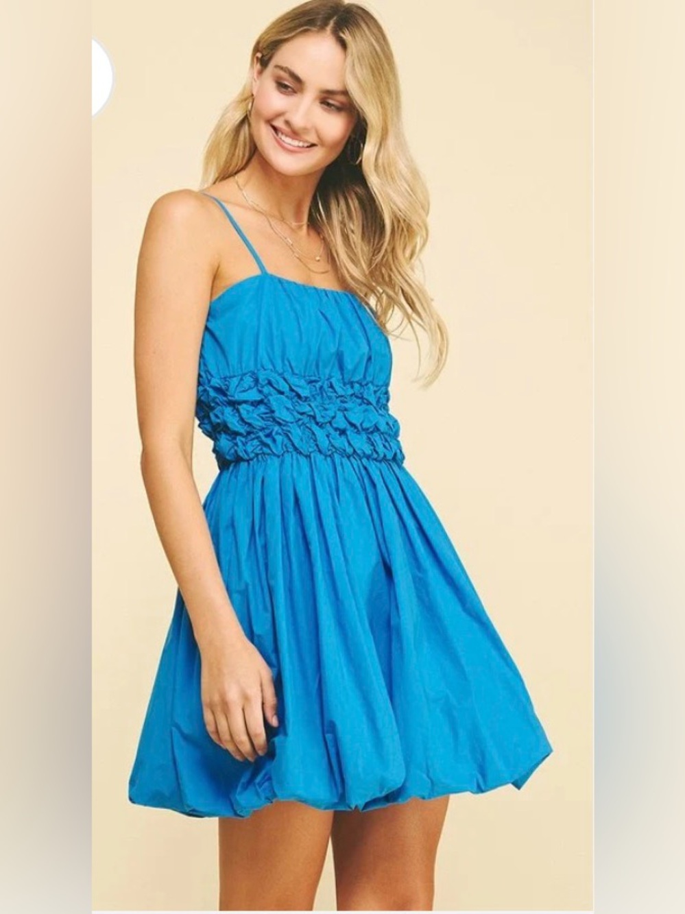 PINCH BUBBLE HEM Blue Smocked Waist Spaghetti Strap Dress